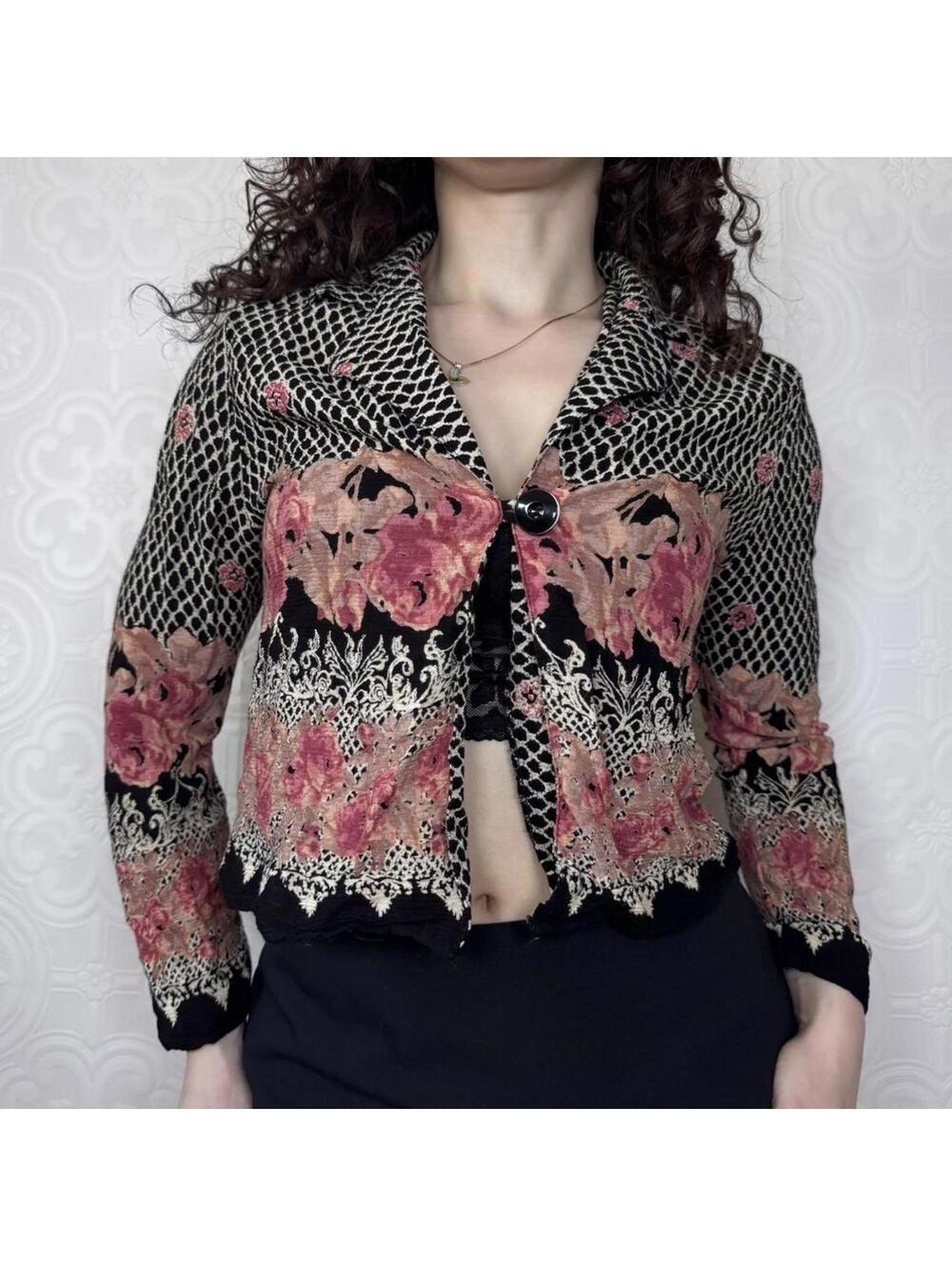 Vintage Marie Clare Fashion Blouse Fits S-M Black & Pink Floral Whimsigoth